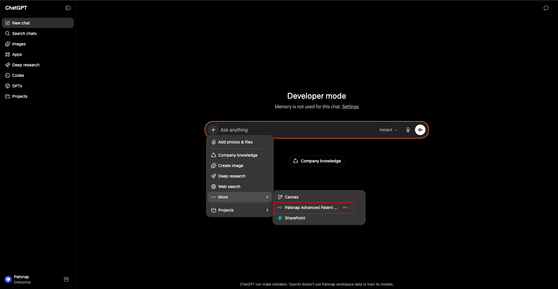 Invoke Patsnap MCP in chat 1